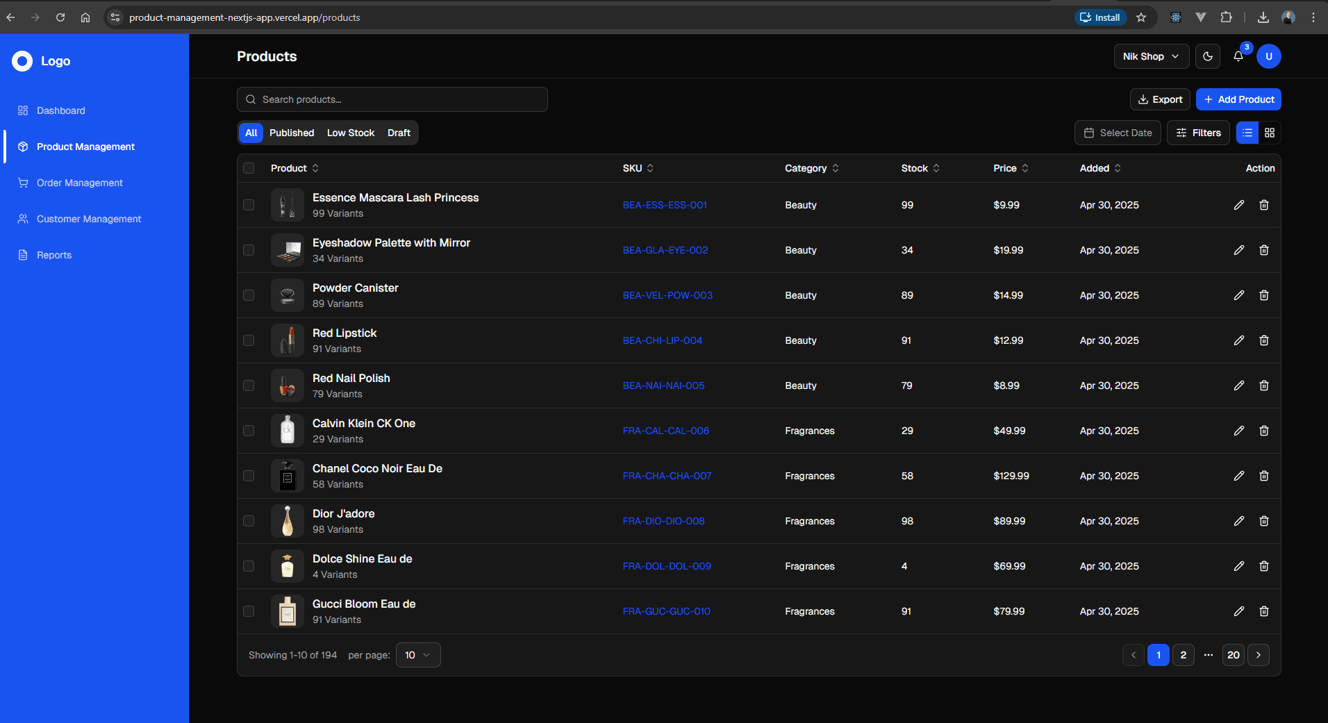 Product Management Dashboard